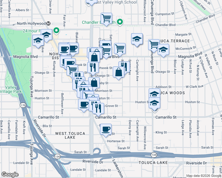 map of restaurants, bars, coffee shops, grocery stores, and more near 10847 Morrison Street in Los Angeles