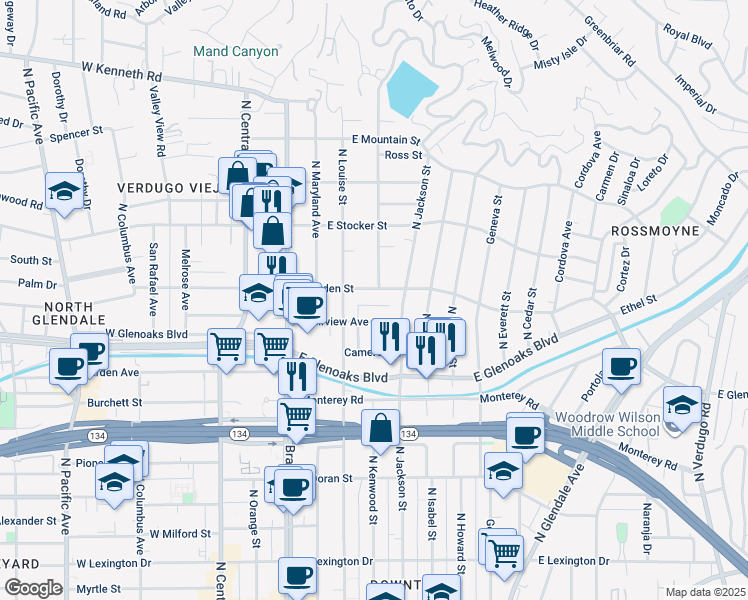 map of restaurants, bars, coffee shops, grocery stores, and more near 330 East Dryden Street in Glendale