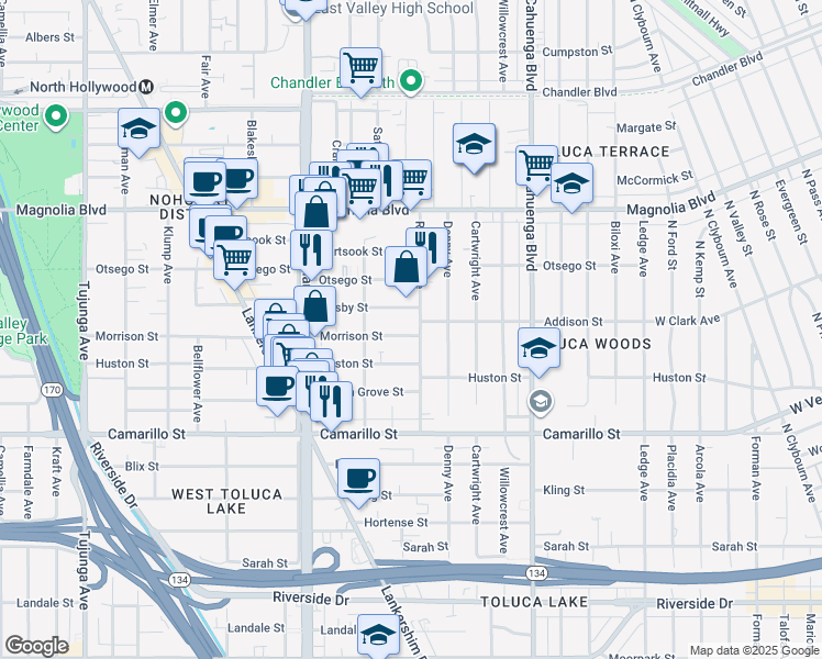map of restaurants, bars, coffee shops, grocery stores, and more near 10807 Morrison Street in Los Angeles