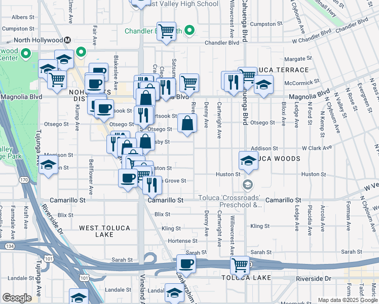 map of restaurants, bars, coffee shops, grocery stores, and more near 10807 Morrison Street in Los Angeles