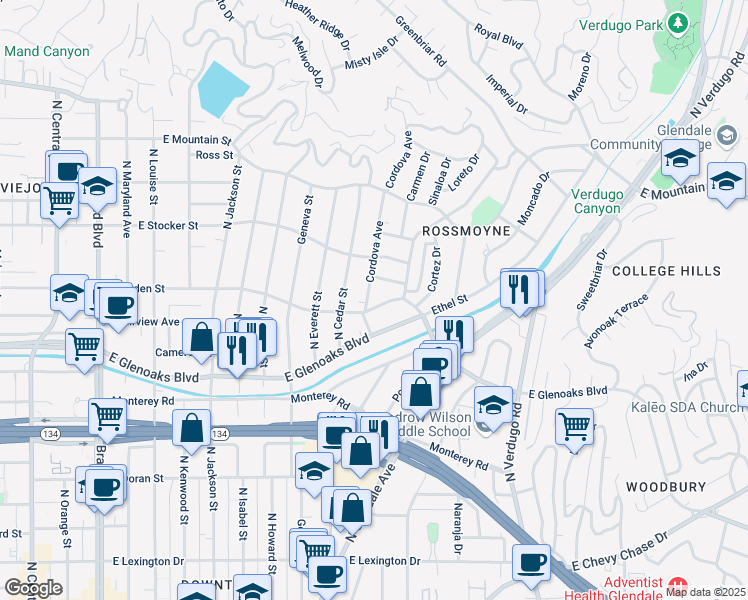 map of restaurants, bars, coffee shops, grocery stores, and more near 1108 Cordova Avenue in Glendale