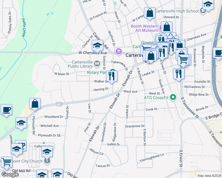 map of restaurants, bars, coffee shops, grocery stores, and more near 219 Fite Street in Cartersville
