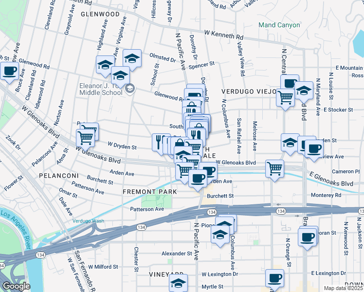 map of restaurants, bars, coffee shops, grocery stores, and more near 533 West Dryden Street in Glendale