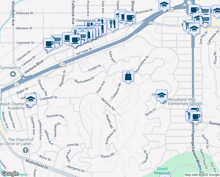map of restaurants, bars, coffee shops, grocery stores, and more near 5001 Macfarlane Lane in Los Angeles
