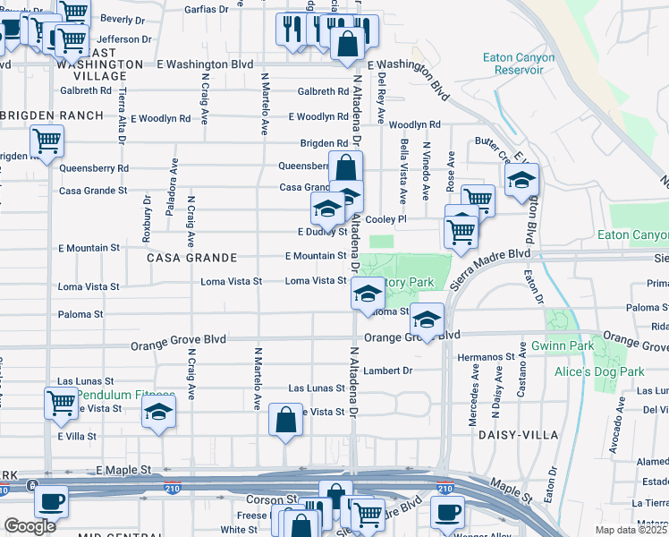 map of restaurants, bars, coffee shops, grocery stores, and more near 2441 Loma Vista Street in Pasadena