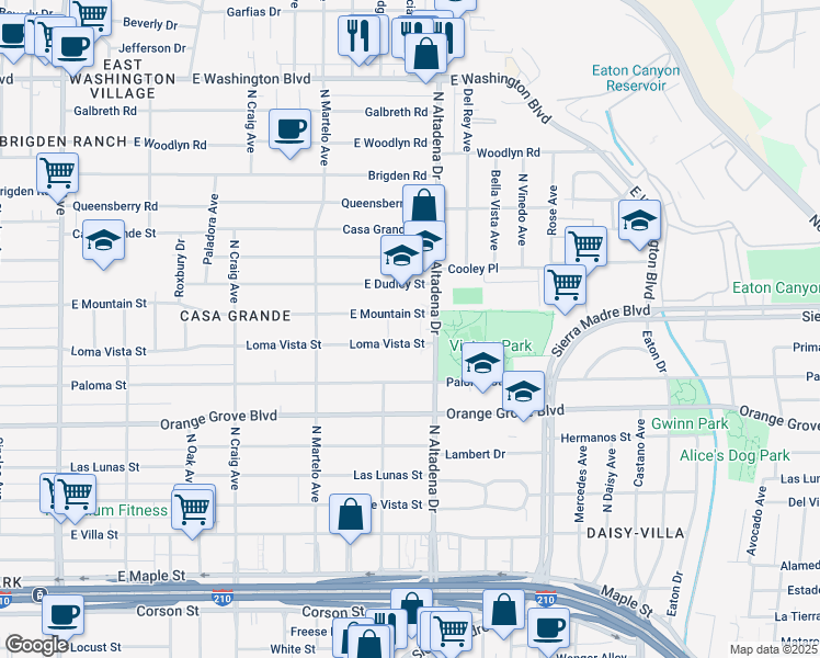 map of restaurants, bars, coffee shops, grocery stores, and more near 2441 Loma Vista Street in Pasadena