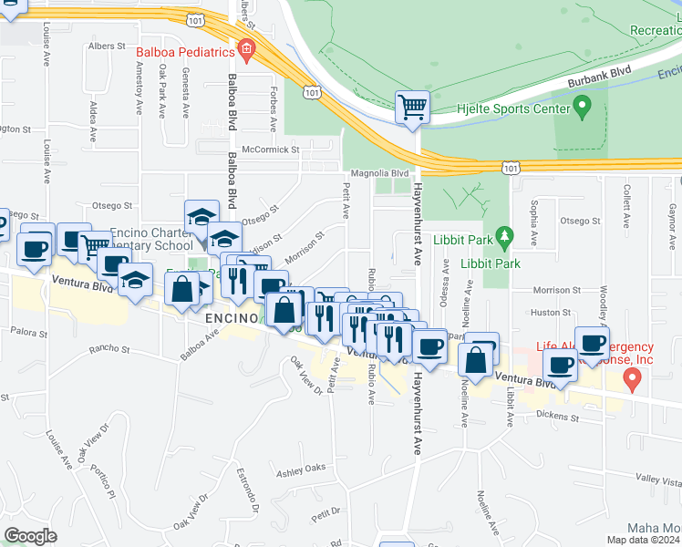 map of restaurants, bars, coffee shops, grocery stores, and more near 4949 Petit Avenue in Los Angeles