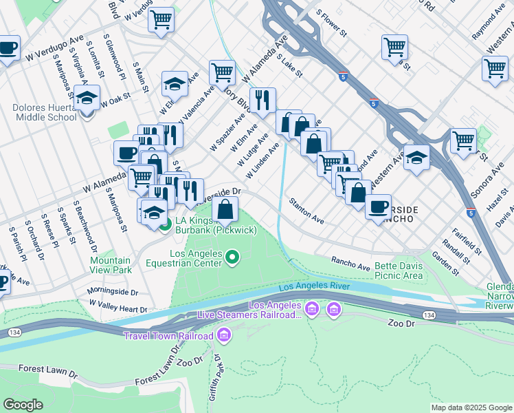 map of restaurants, bars, coffee shops, grocery stores, and more near 1850 Riverside Drive in Glendale
