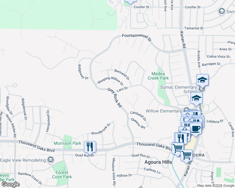 map of restaurants, bars, coffee shops, grocery stores, and more near 29376 Laro Drive in Agoura Hills