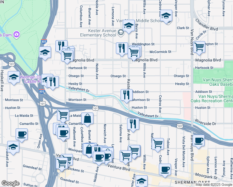 map of restaurants, bars, coffee shops, grocery stores, and more near 14948 Addison Street in Los Angeles