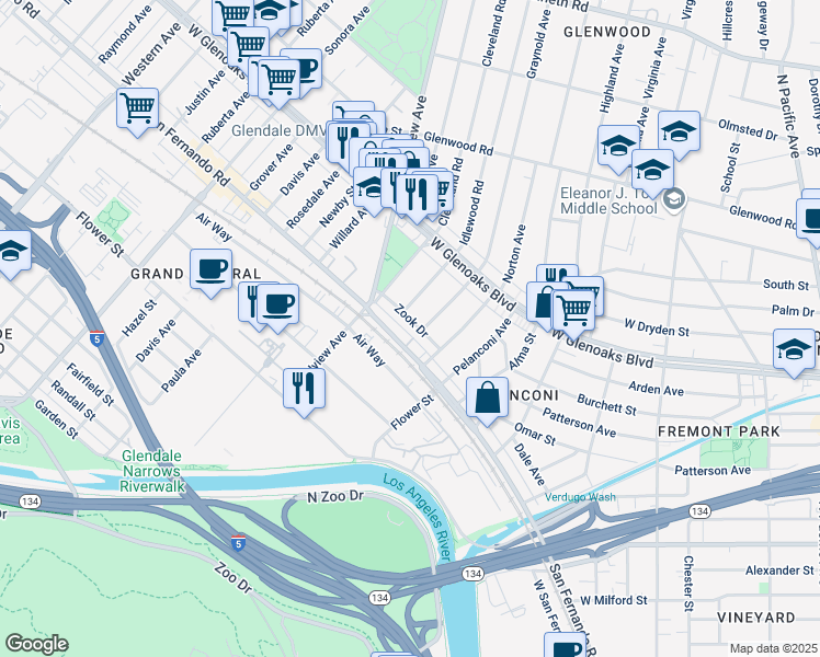 map of restaurants, bars, coffee shops, grocery stores, and more near 1010 Zook Drive in Glendale