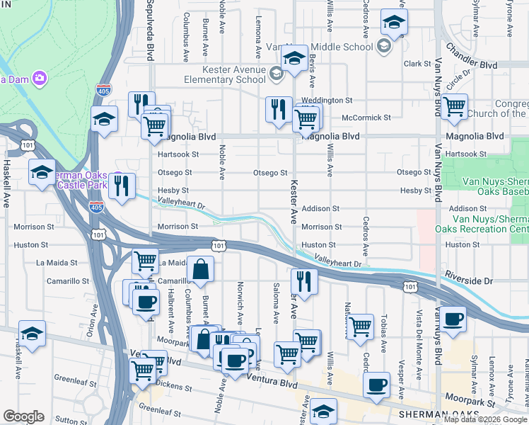 map of restaurants, bars, coffee shops, grocery stores, and more near 14975 Valleyheart Drive in Los Angeles