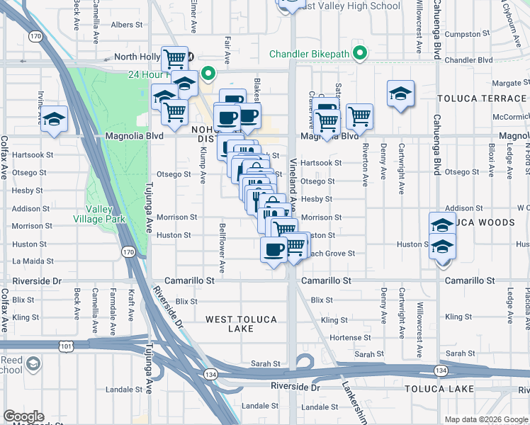 map of restaurants, bars, coffee shops, grocery stores, and more near in Los Angeles