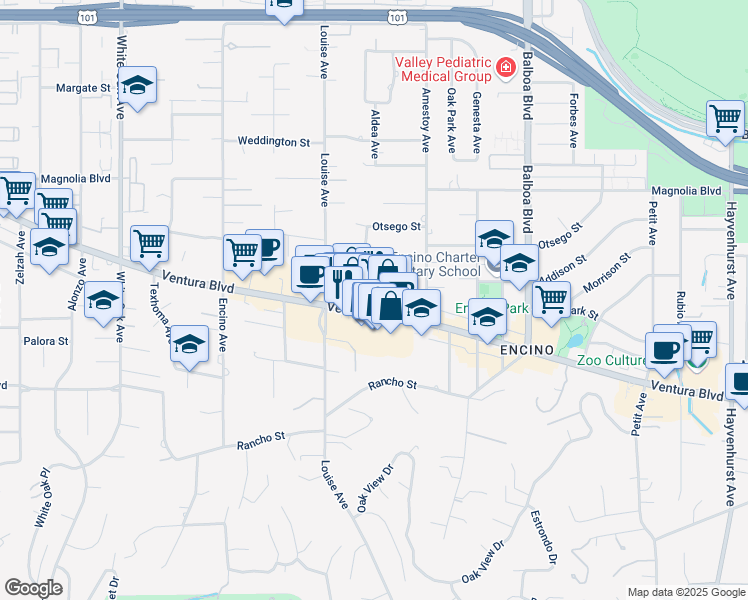 map of restaurants, bars, coffee shops, grocery stores, and more near 17157 Ventura Boulevard in Los Angeles