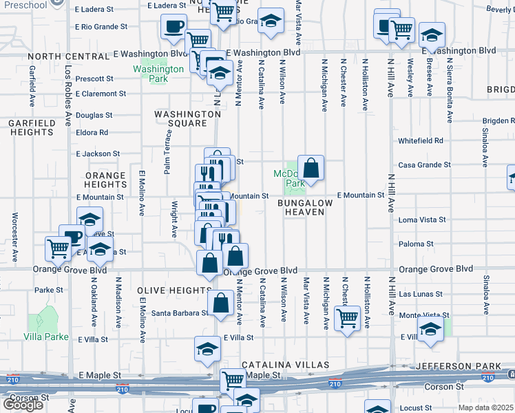 map of restaurants, bars, coffee shops, grocery stores, and more near in Pasadena