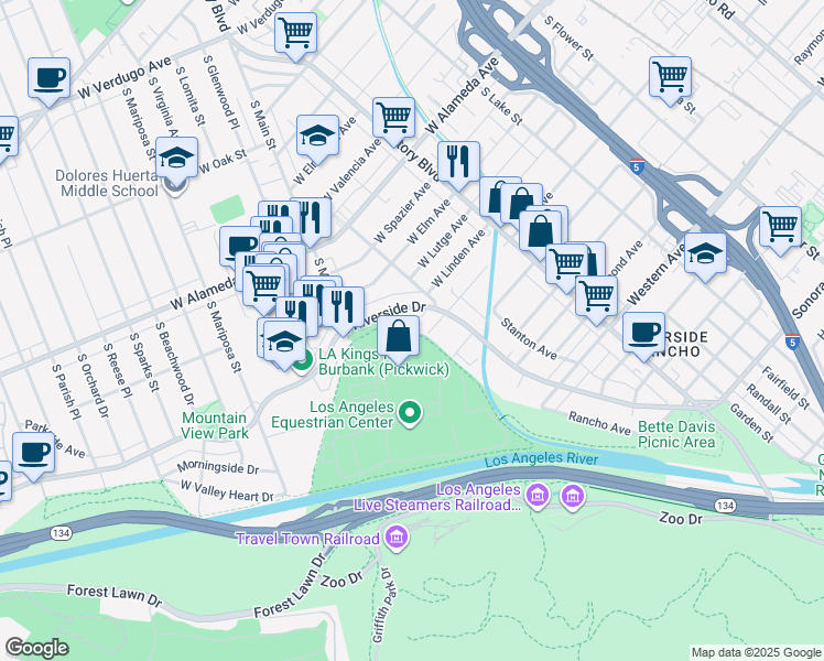 map of restaurants, bars, coffee shops, grocery stores, and more near 450 Allen Avenue in Los Angeles