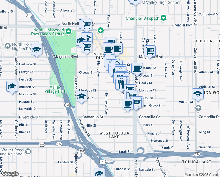 map of restaurants, bars, coffee shops, grocery stores, and more near 11151 Morrison Street in Los Angeles