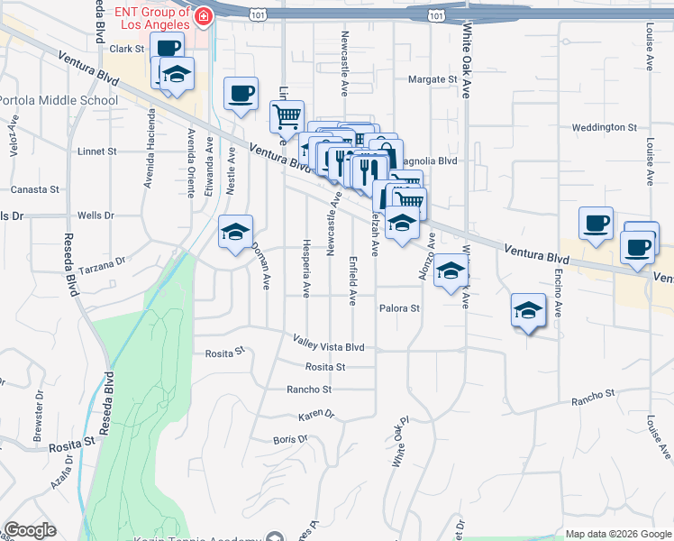 map of restaurants, bars, coffee shops, grocery stores, and more near 5030 Enfield Avenue in Los Angeles
