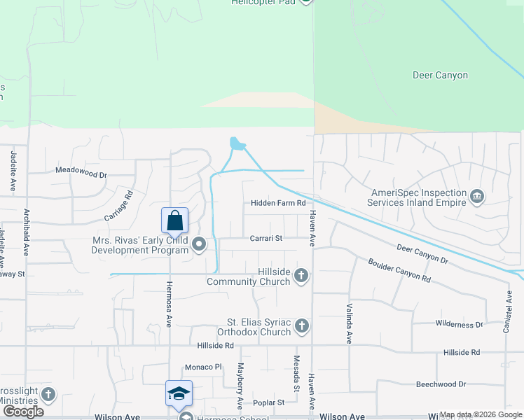 map of restaurants, bars, coffee shops, grocery stores, and more near 10365 Hidden Farm Road in Rancho Cucamonga
