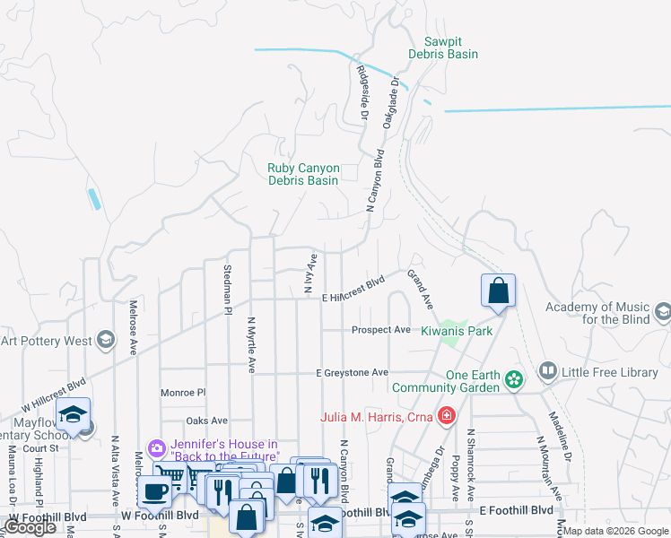 map of restaurants, bars, coffee shops, grocery stores, and more near 435 North Canyon Boulevard in Monrovia