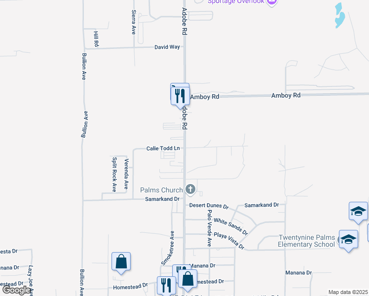 map of restaurants, bars, coffee shops, grocery stores, and more near Calle Todd Lane in Twentynine Palms