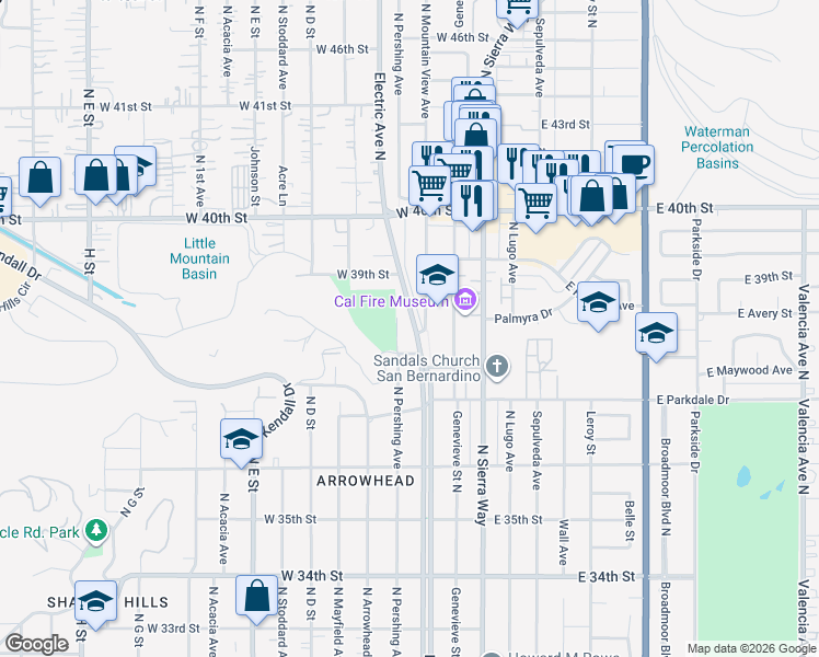 map of restaurants, bars, coffee shops, grocery stores, and more near 3850 Electric Avenue North in San Bernardino