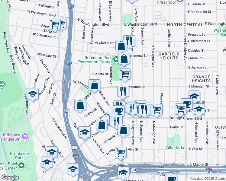 map of restaurants, bars, coffee shops, grocery stores, and more near 50 West Mountain Street in Pasadena
