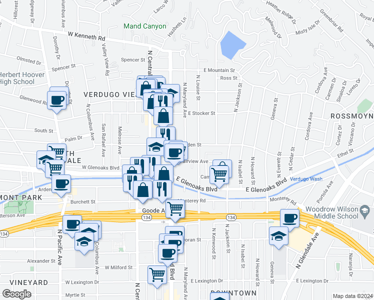 map of restaurants, bars, coffee shops, grocery stores, and more near 200 East Dryden Street in Glendale