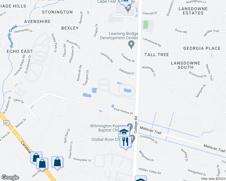 map of restaurants, bars, coffee shops, grocery stores, and more near 4504 Tesla Park Drive in Wilmington