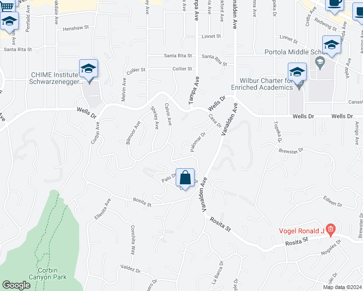map of restaurants, bars, coffee shops, grocery stores, and more near 19324 Palomar Place in Los Angeles