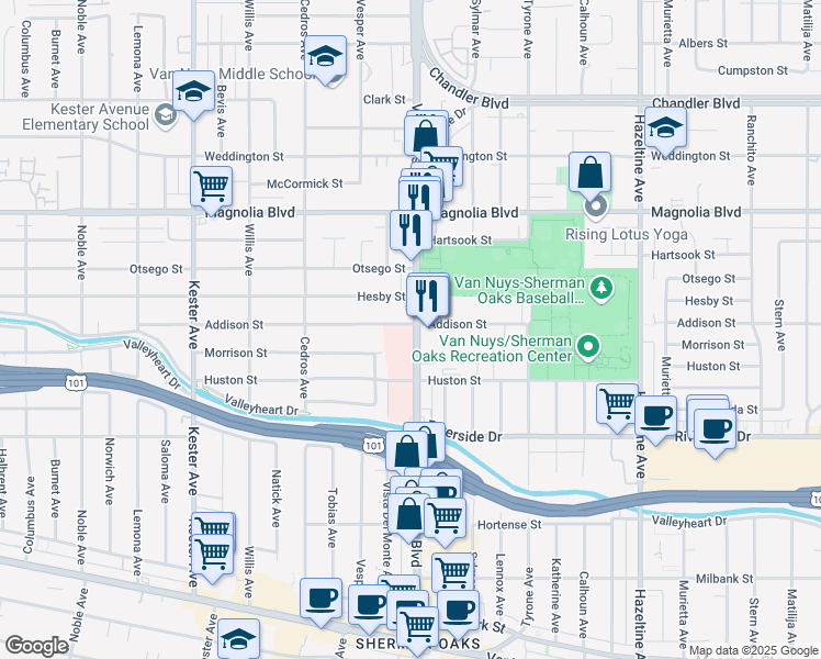 map of restaurants, bars, coffee shops, grocery stores, and more near 4969 Van Nuys Boulevard in Los Angeles