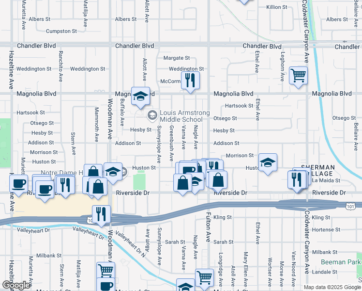map of restaurants, bars, coffee shops, grocery stores, and more near 4957 Varna Avenue in Los Angeles