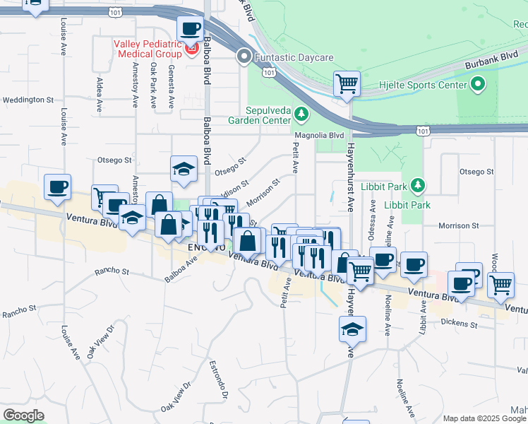 map of restaurants, bars, coffee shops, grocery stores, and more near 16723 La Maida Street in Los Angeles