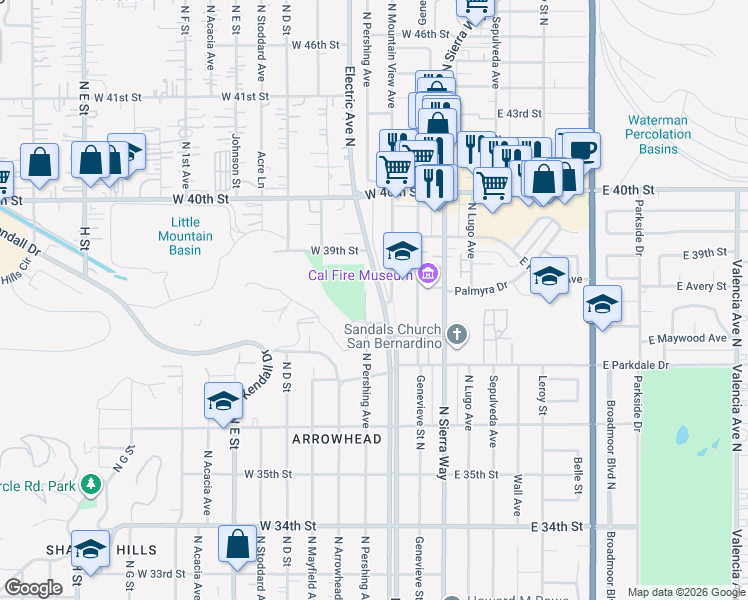 map of restaurants, bars, coffee shops, grocery stores, and more near 3850 Electric Avenue North in San Bernardino