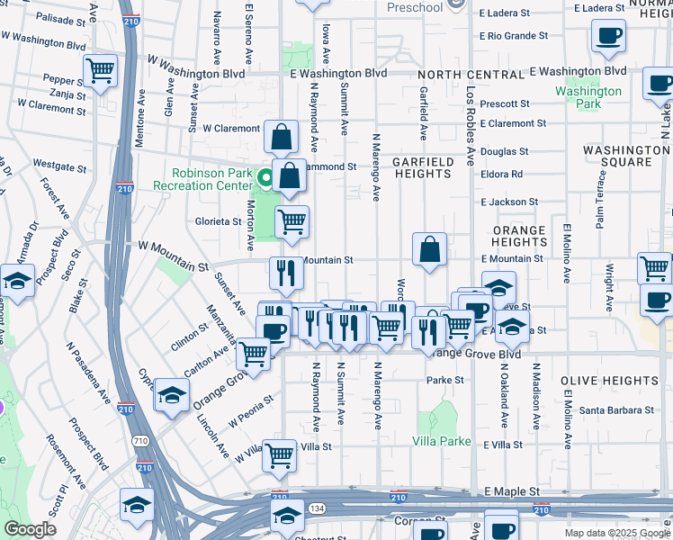 map of restaurants, bars, coffee shops, grocery stores, and more near 885 North Summit Avenue in Pasadena