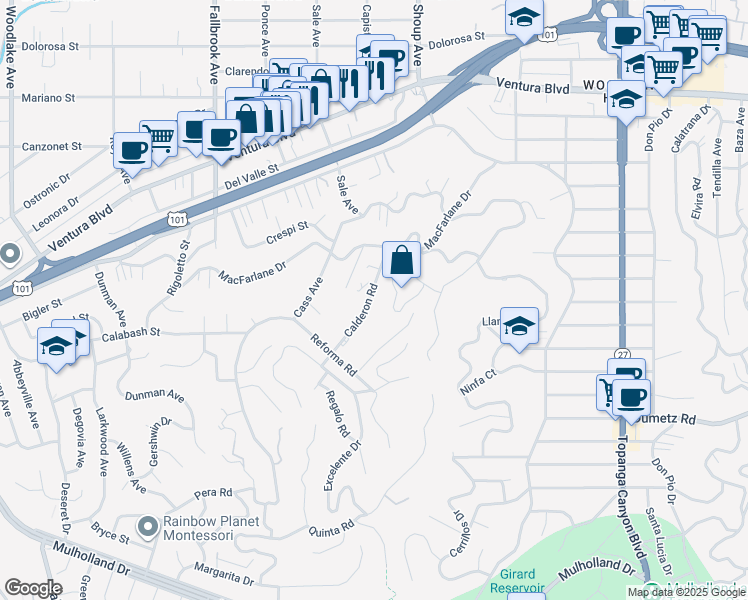 map of restaurants, bars, coffee shops, grocery stores, and more near 5016 Calderon Road in Los Angeles