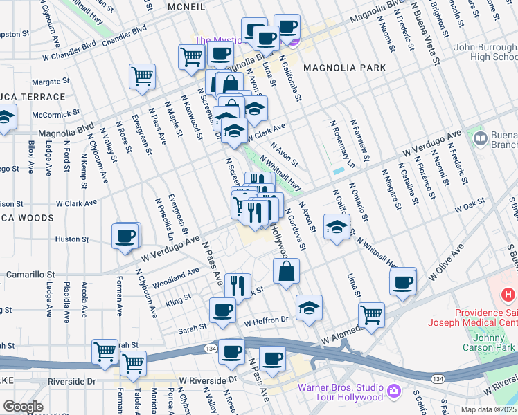 map of restaurants, bars, coffee shops, grocery stores, and more near 603 North Hollywood Way in Burbank