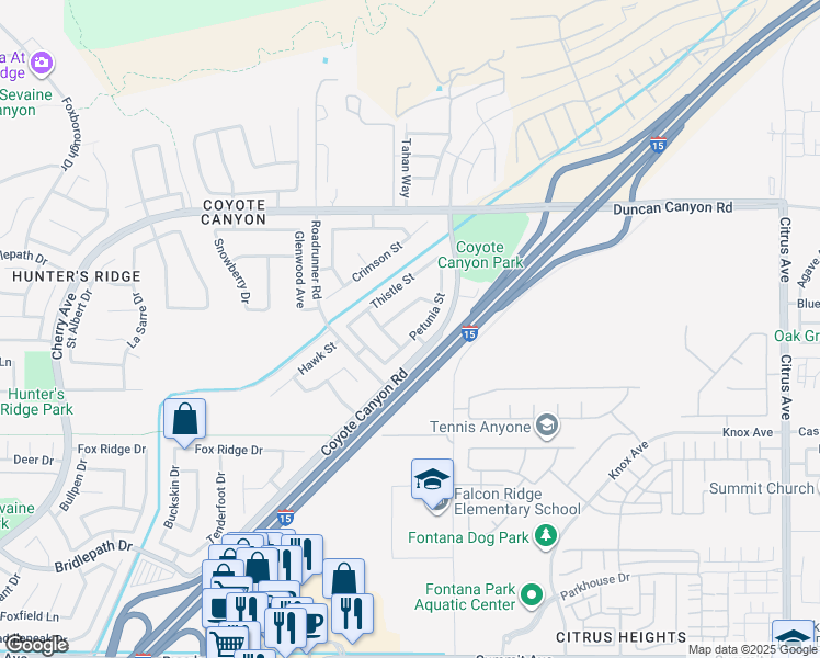 map of restaurants, bars, coffee shops, grocery stores, and more near 15432 Petunia Street in Fontana