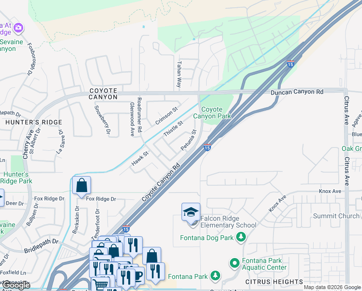 map of restaurants, bars, coffee shops, grocery stores, and more near 15432 Petunia Street in Fontana