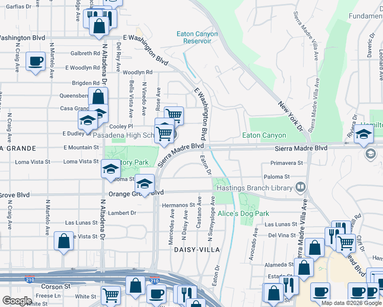 map of restaurants, bars, coffee shops, grocery stores, and more near 847 Eaton Drive in Pasadena