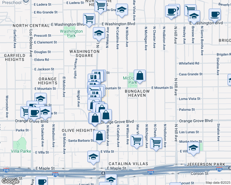 map of restaurants, bars, coffee shops, grocery stores, and more near in Pasadena