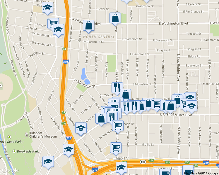 map of restaurants, bars, coffee shops, grocery stores, and more near 70 West Mountain Street in Pasadena