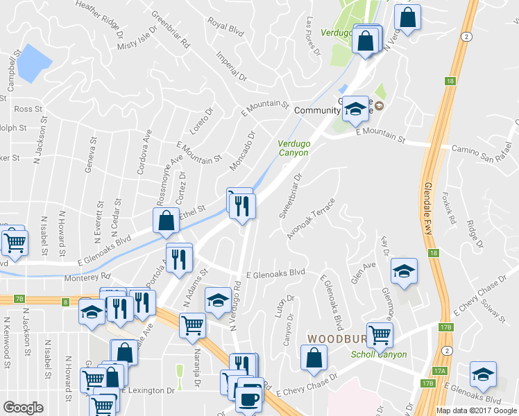 map of restaurants, bars, coffee shops, grocery stores, and more near 1110 North Verdugo Road in Glendale
