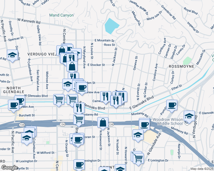 map of restaurants, bars, coffee shops, grocery stores, and more near 6 Sherman Lane in Glendale