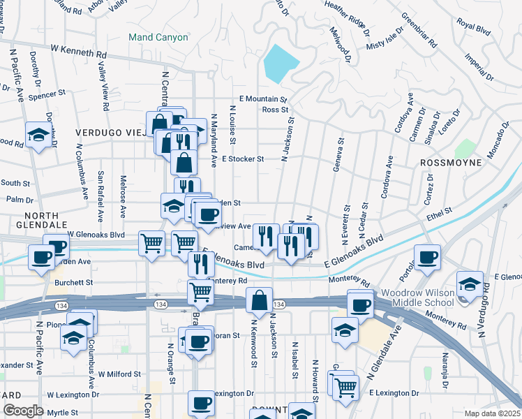map of restaurants, bars, coffee shops, grocery stores, and more near 6 Sherman Lane in Glendale