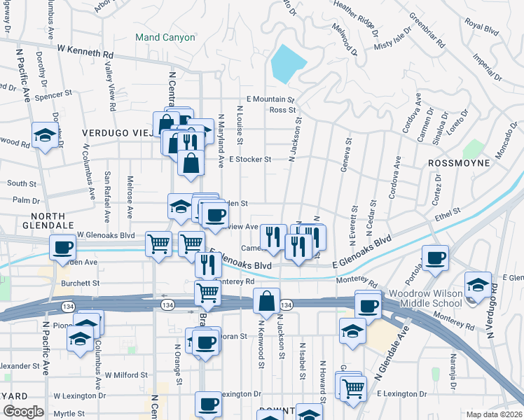map of restaurants, bars, coffee shops, grocery stores, and more near 6 Sherman Lane in Glendale