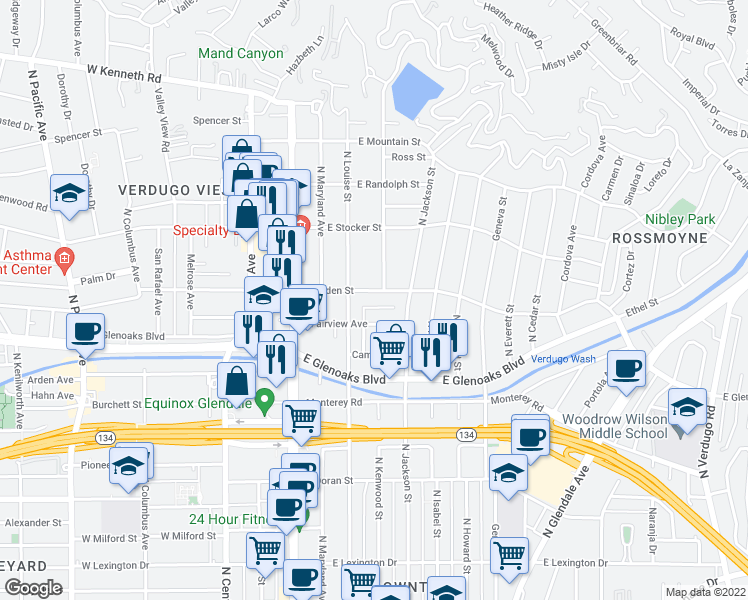 map of restaurants, bars, coffee shops, grocery stores, and more near 6 Sherman Lane in Glendale