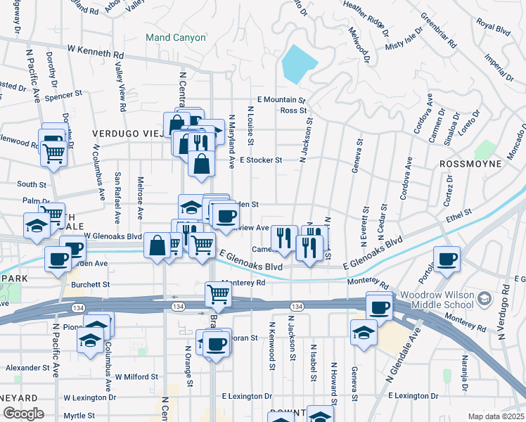 map of restaurants, bars, coffee shops, grocery stores, and more near 300 East Dryden Street in Glendale