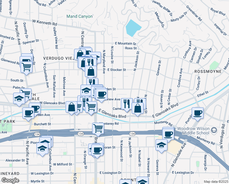 map of restaurants, bars, coffee shops, grocery stores, and more near 300 East Dryden Street in Glendale