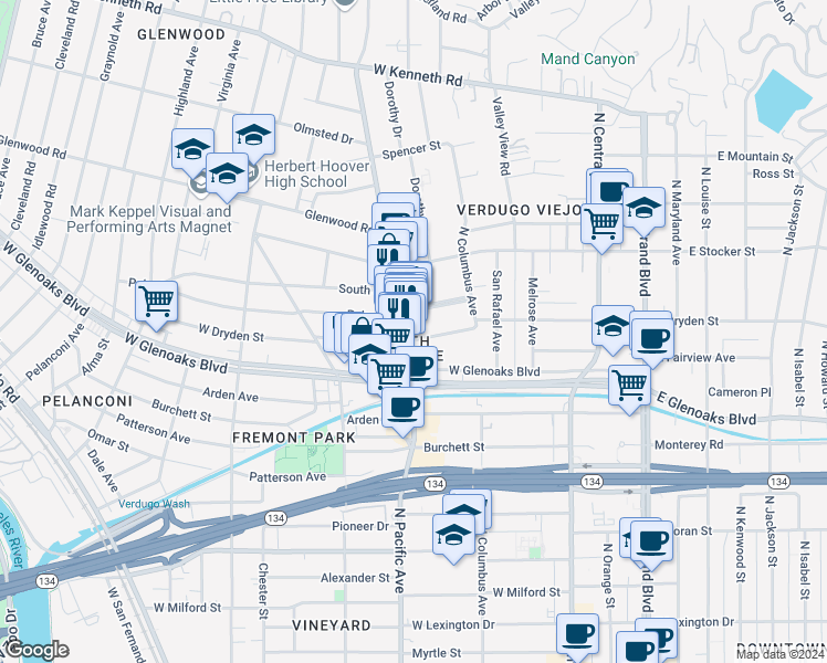 map of restaurants, bars, coffee shops, grocery stores, and more near in Glendale